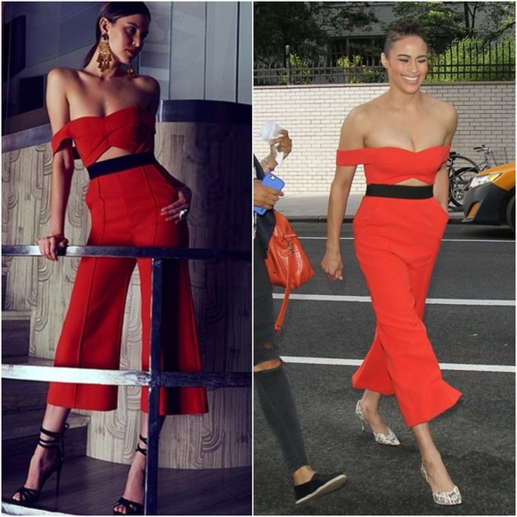 Self-Portrait Pants - Self-Portrait Off-Shoulder Jumpsuit Red US 6